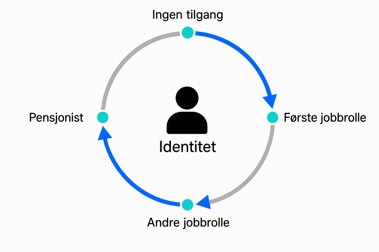 Sirkulært identitetslivsløp med fasane ingen tilgang, første jobbrolle, andre jobbrolle og pensjonist